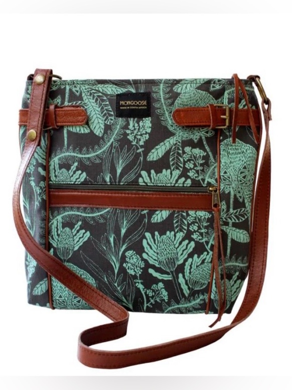 Women's Mint Green Floral Shoulder Bag with Brown Trim